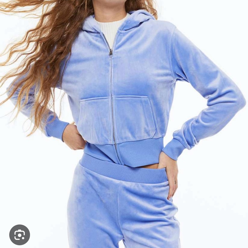 H&M Powder Blue Velour Tracksuit Matching Pant and Zip Up Hoodie Fleece Set S